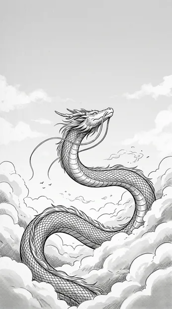 A completely original elegant dragon curling upward through clouds, intricate scales and whiskers, spacious white sky