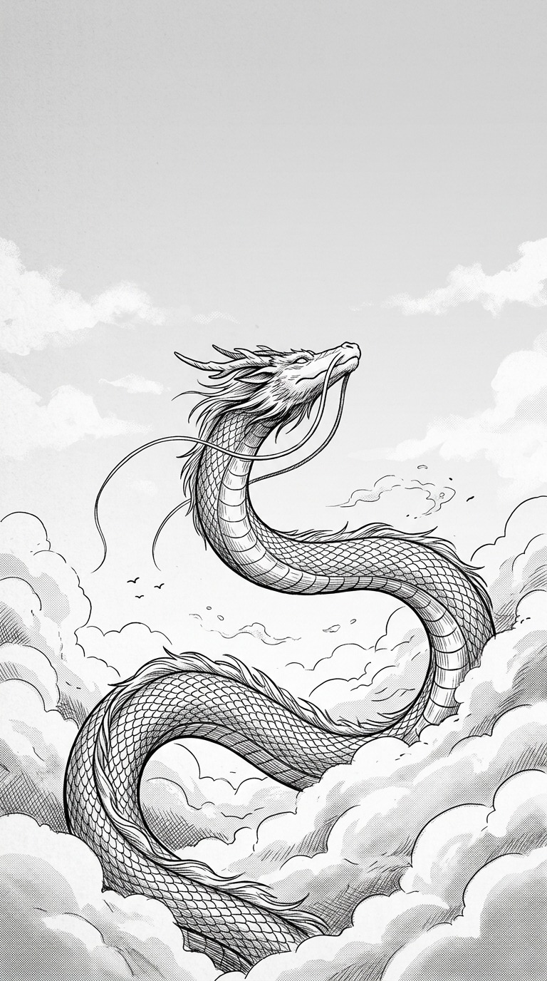 A completely original elegant dragon curling upward through clouds, intricate scales and whiskers, spacious white sky