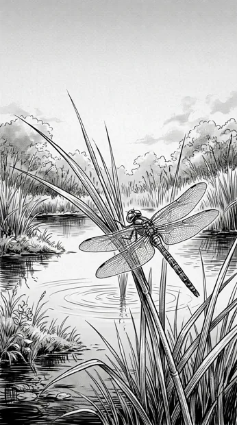 A detailed dragonfly resting on tall reeds beside a tiny pond, ripples and soft grass textures, refined nature illustration