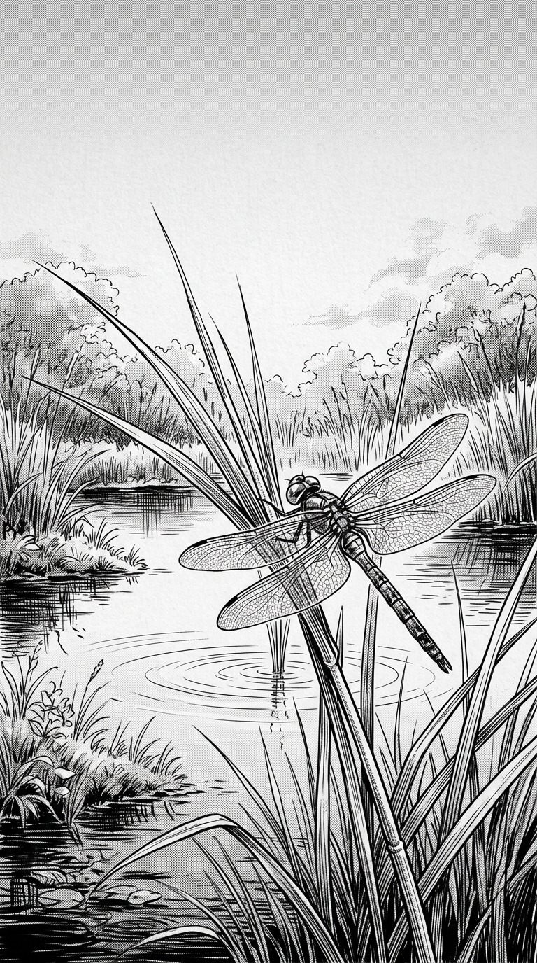 A detailed dragonfly resting on tall reeds beside a tiny pond, ripples and soft grass textures, refined nature illustration