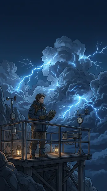 An original adult weather researcher on a distant safe observation platform watching blue lightning inside enormous clouds, atmospheric fantasy scene