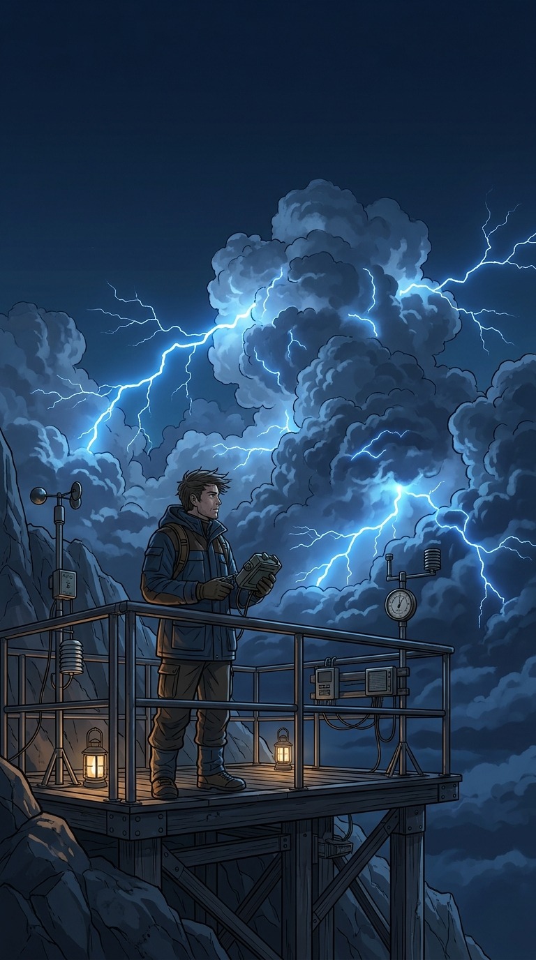 An original adult weather researcher on a distant safe observation platform watching blue lightning inside enormous clouds, atmospheric fantasy scene