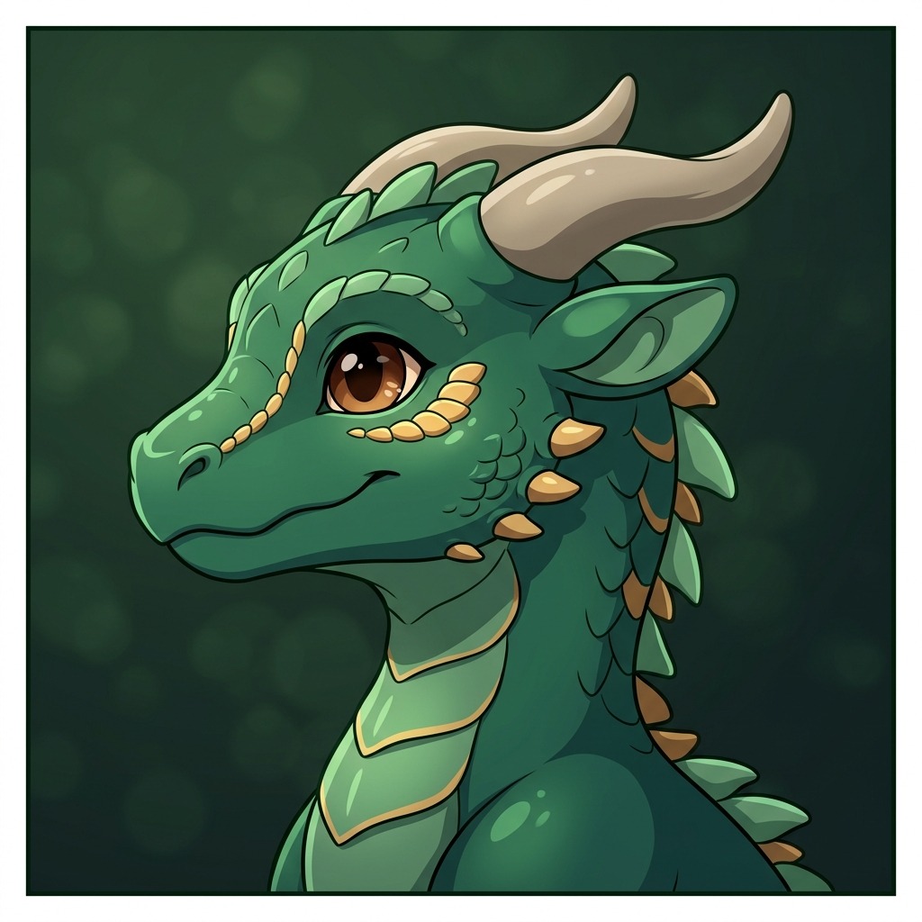 An original tiny emerald dragon with rounded horns and a friendly face, delicate golden cheek scales, dark green background