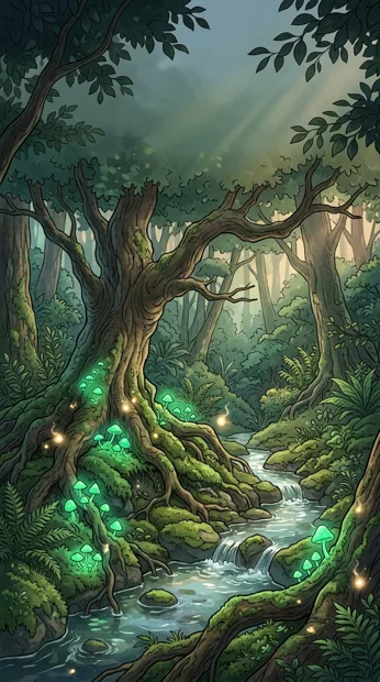 Ancient twisted trees with emerald glowing mushrooms and a narrow stream, tiny friendly light spirits, richly layered woodland depth