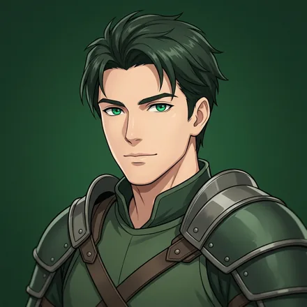 An original adult man with dark green hair and emerald eyes, simple fantasy shoulder armor, confident calm expression, deep green background