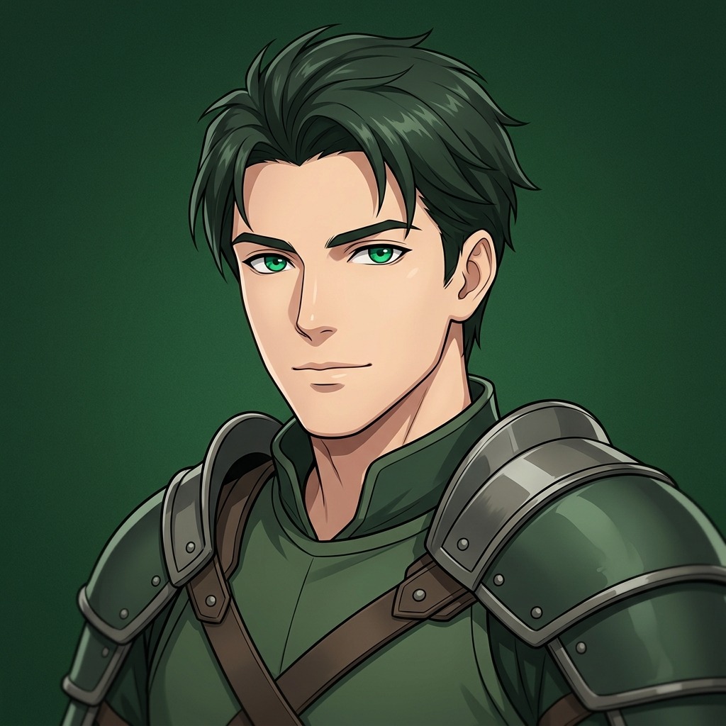 An original adult man with dark green hair and emerald eyes, simple fantasy shoulder armor, confident calm expression, deep green background