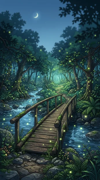 A narrow wooden footbridge over a forest creek surrounded by fireflies, late summer blue hour, softly glowing green-gold light