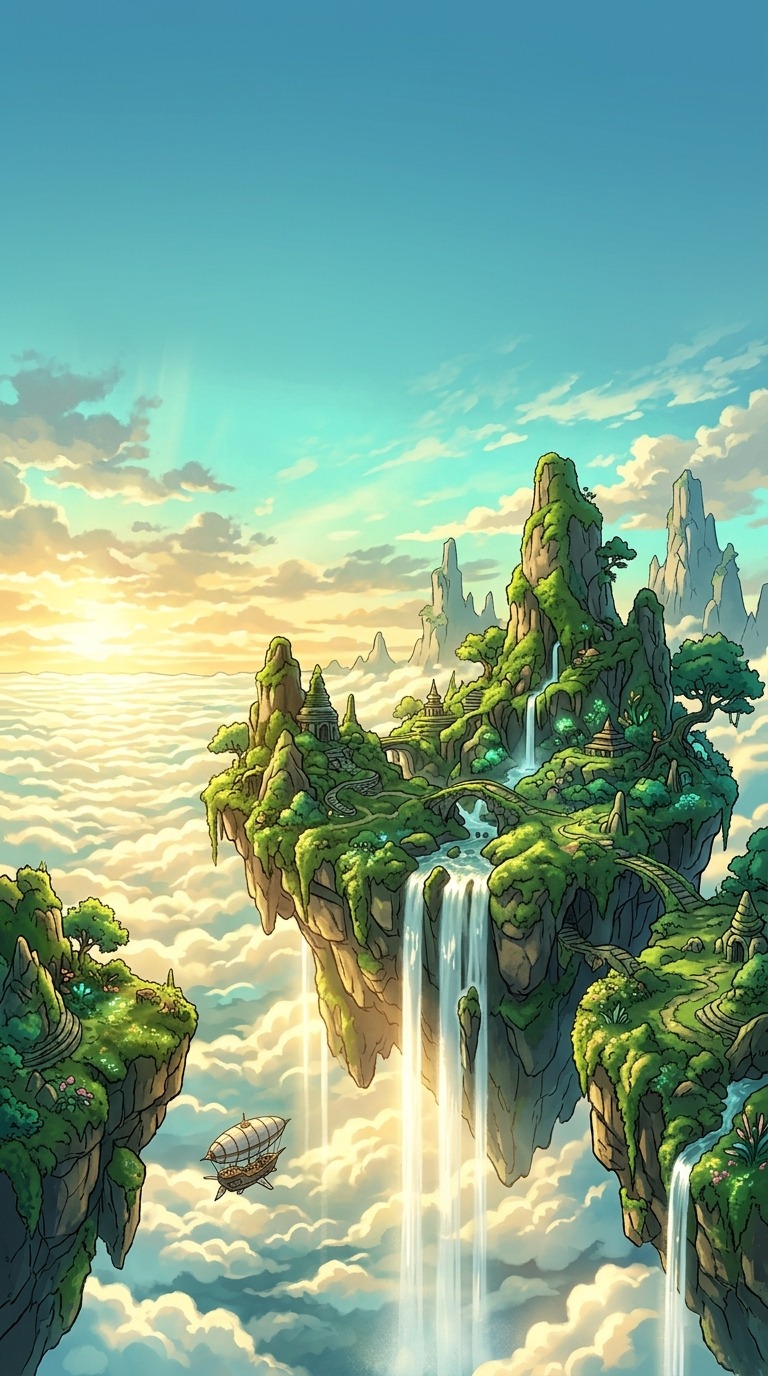 Moss-covered islands floating above a sea of clouds, tiny waterfalls falling into sunlight, an airship far below, luminous turquoise and gold