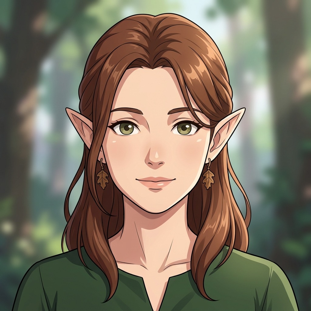 An original adult fantasy elf with chestnut hair, small leaf earrings and gentle green eyes, soft forest-green background
