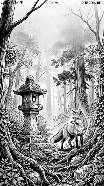 A real fox pausing beside a mossy stone lantern in a dense forest, tree roots and light fog, detailed fur and foliage