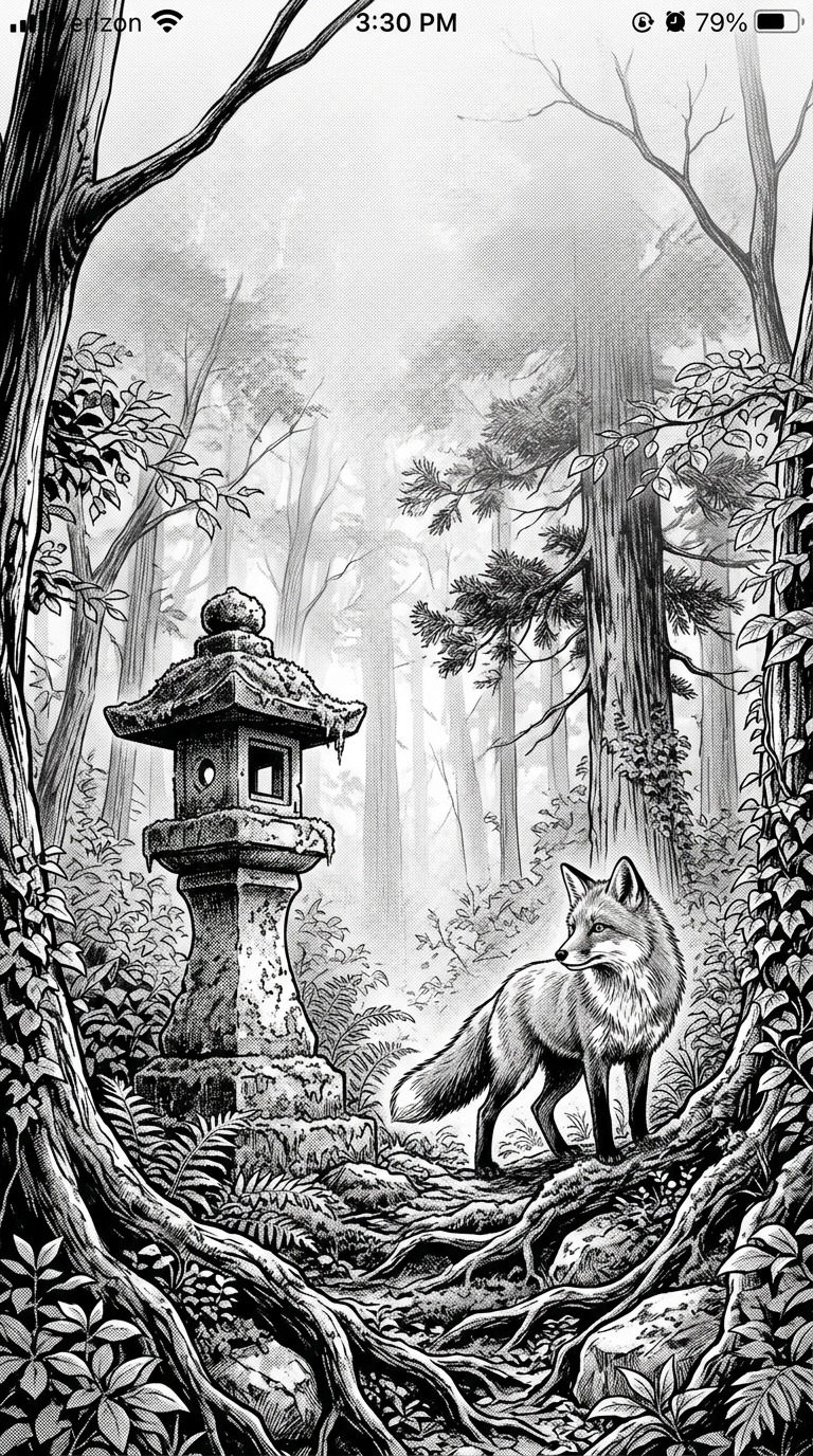 A real fox pausing beside a mossy stone lantern in a dense forest, tree roots and light fog, detailed fur and foliage