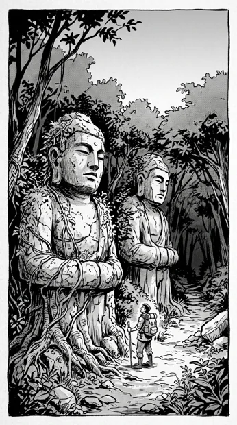 Two enormous weathered original stone statues beside a quiet forest trail, vines and tiny adult explorer for scale, ancient atmosphere