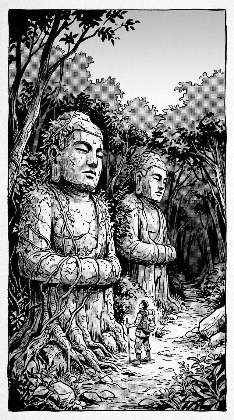 Two enormous weathered original stone statues beside a quiet forest trail, vines and tiny adult explorer for scale, ancient atmosphere