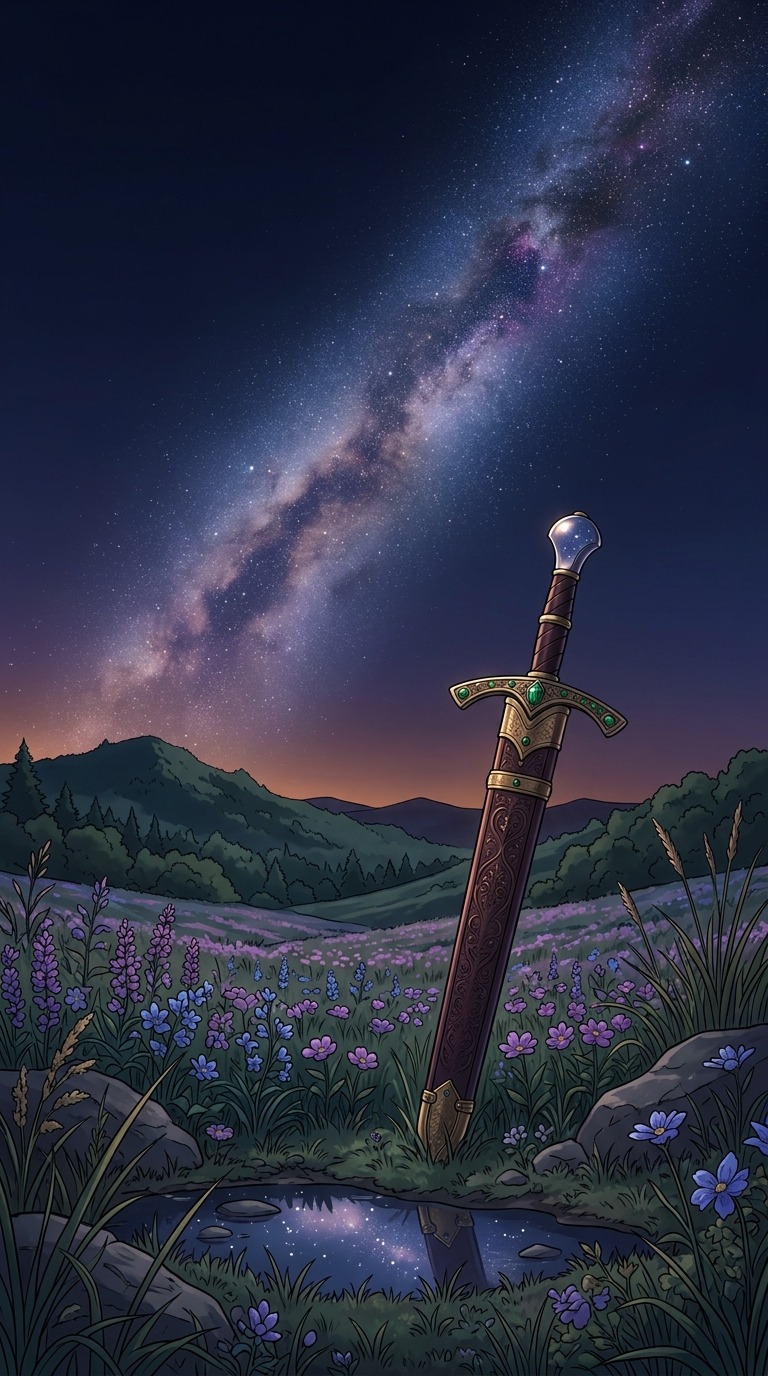 A sheathed original ornamental sword planted upright beside purple wildflowers, reflected stars in polished metal, huge Milky Way over distant hills
