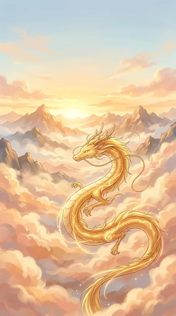 A graceful original golden serpentine dragon weaving through peach clouds, distant mountain peaks, sunrise glow, elegant peaceful fantasy