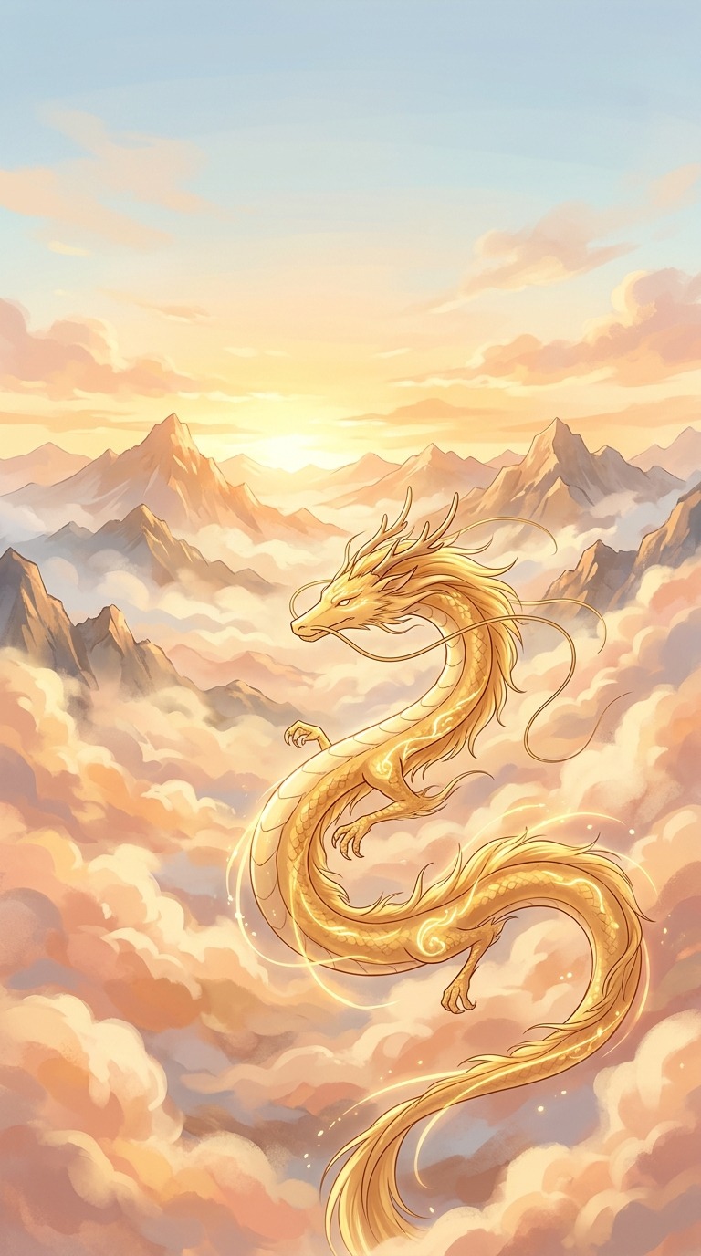 A graceful original golden serpentine dragon weaving through peach clouds, distant mountain peaks, sunrise glow, elegant peaceful fantasy