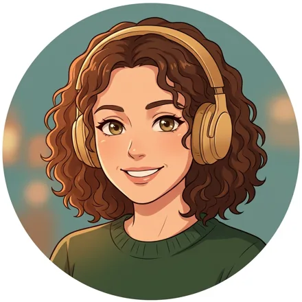 An original adult character with curly brown hair wearing plain golden over-ear headphones, warm smile, soft caramel lighting