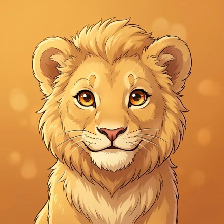 An original cute lion cub with fluffy golden fur, small rounded mane and joyful eyes, warm amber background