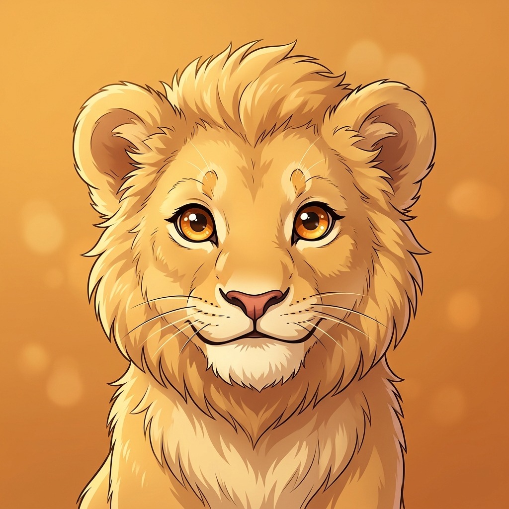 An original cute lion cub with fluffy golden fur, small rounded mane and joyful eyes, warm amber background