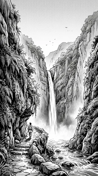 A narrow waterfall between tall cliffs covered in ferns, small stone path along the river, intricate textures and mist