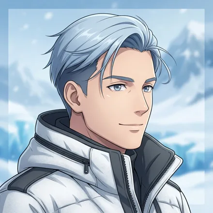 An original adult man with pale blue hair and a white expedition jacket, focused kind expression, frosty blue background