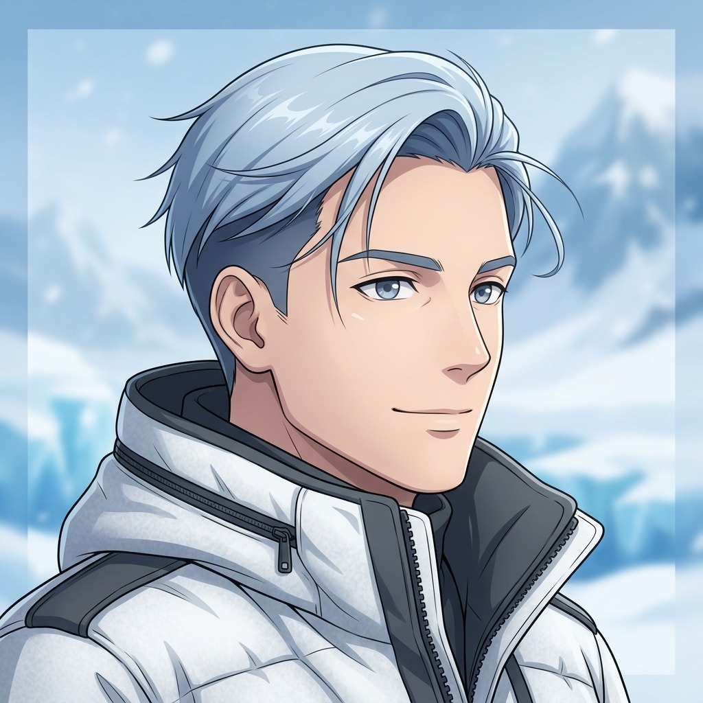 An original adult man with pale blue hair and a white expedition jacket, focused kind expression, frosty blue background