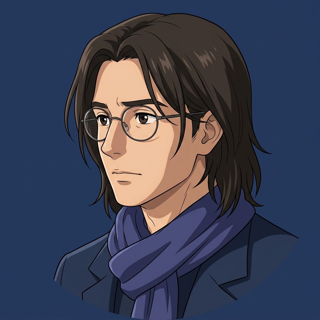 An original adult man with shoulder-length dark hair, round glasses and a loose indigo scarf, thoughtful expression, simple navy background
