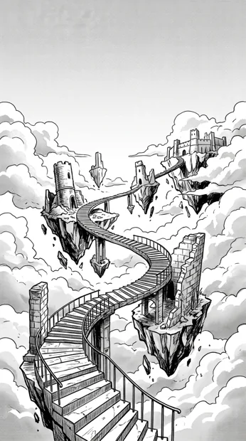 An imaginative winding stairway connecting floating architectural fragments among clouds, original surreal setting, bold perspective and empty space
