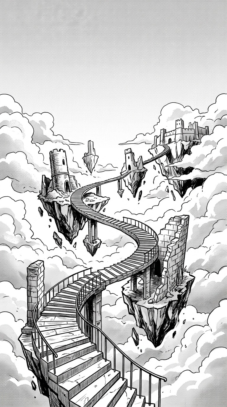 An imaginative winding stairway connecting floating architectural fragments among clouds, original surreal setting, bold perspective and empty space