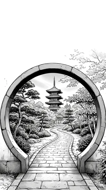A circular garden doorway framing a winding path and a distant pagoda, layered trees and careful geometric composition