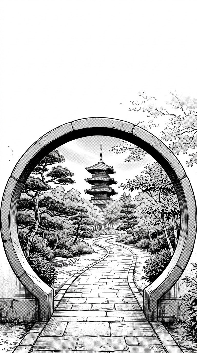 A circular garden doorway framing a winding path and a distant pagoda, layered trees and careful geometric composition