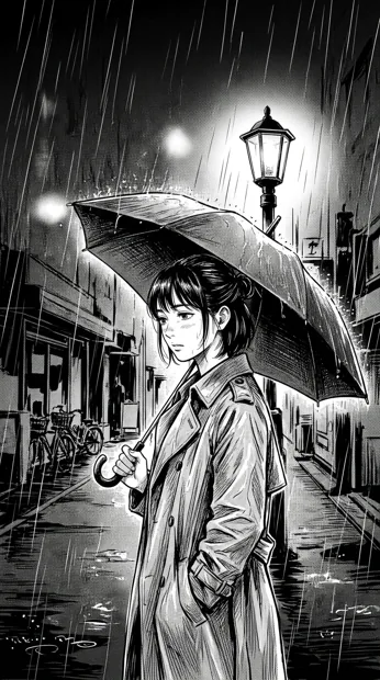 An original adult character holding a plain umbrella beneath a streetlamp, face shown in three-quarter profile, deep rainy background