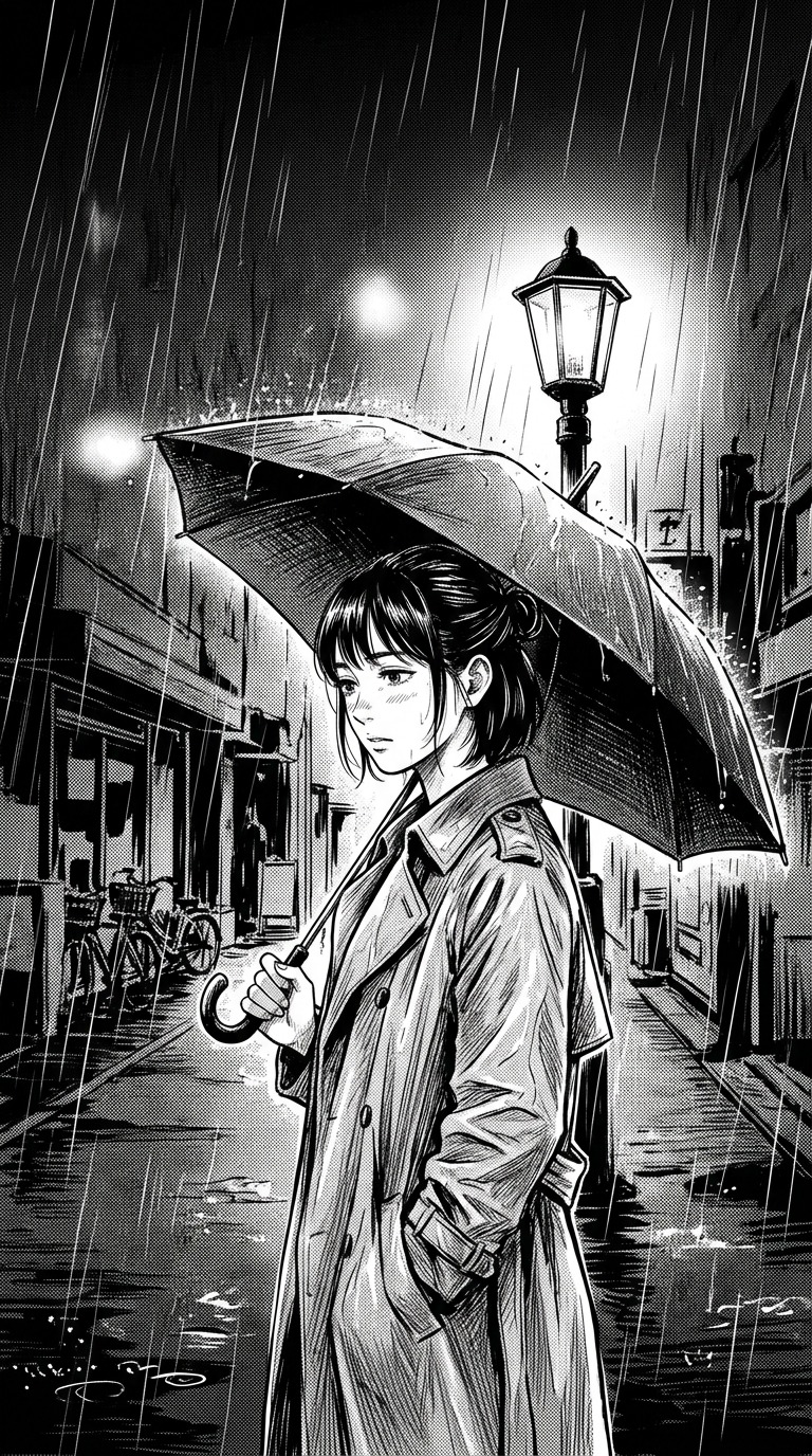 An original adult character holding a plain umbrella beneath a streetlamp, face shown in three-quarter profile, deep rainy background