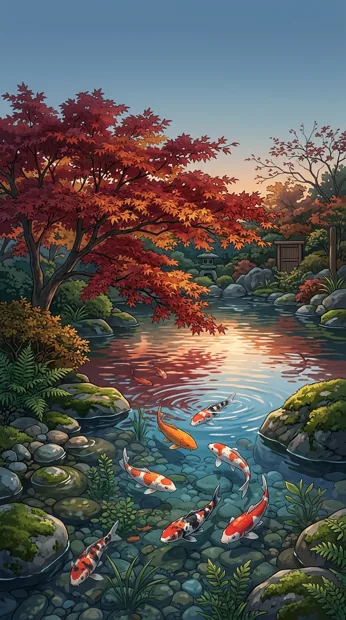 Colorful koi swimming in a clear garden pond beside a red maple, smooth stones and glowing reflections at twilight, elegant calming composition