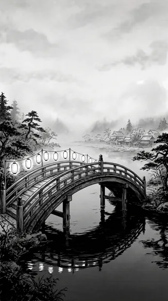 An empty arched wooden bridge with unmarked paper lanterns over still water, mist and a distant village, deep black reflections