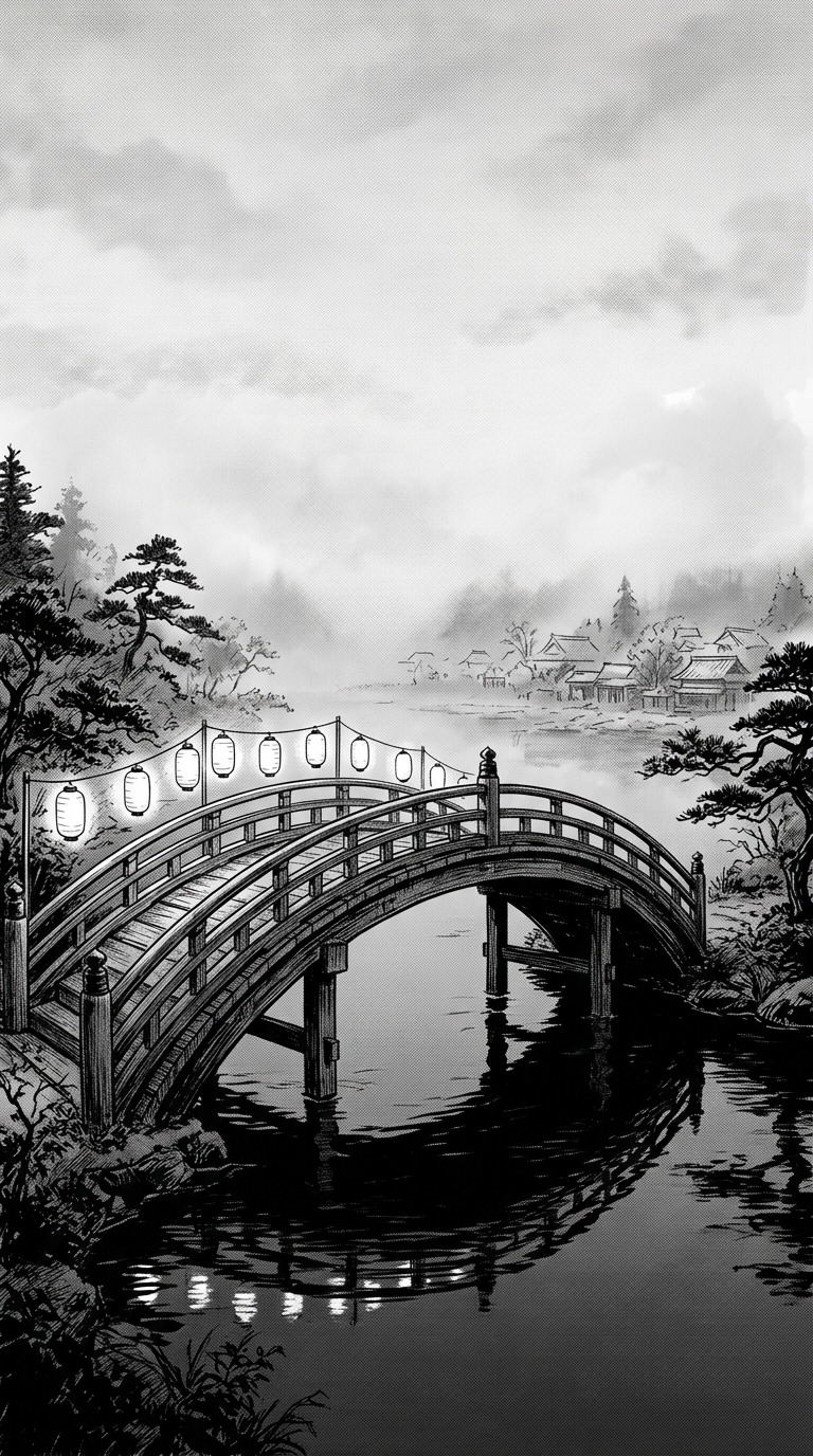 An empty arched wooden bridge with unmarked paper lanterns over still water, mist and a distant village, deep black reflections