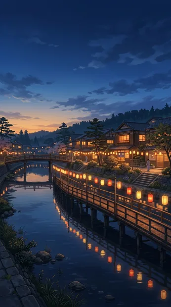 A quiet riverside town at dusk with glowing paper lanterns reflected in still water, a narrow wooden bridge, amber light against deep blue