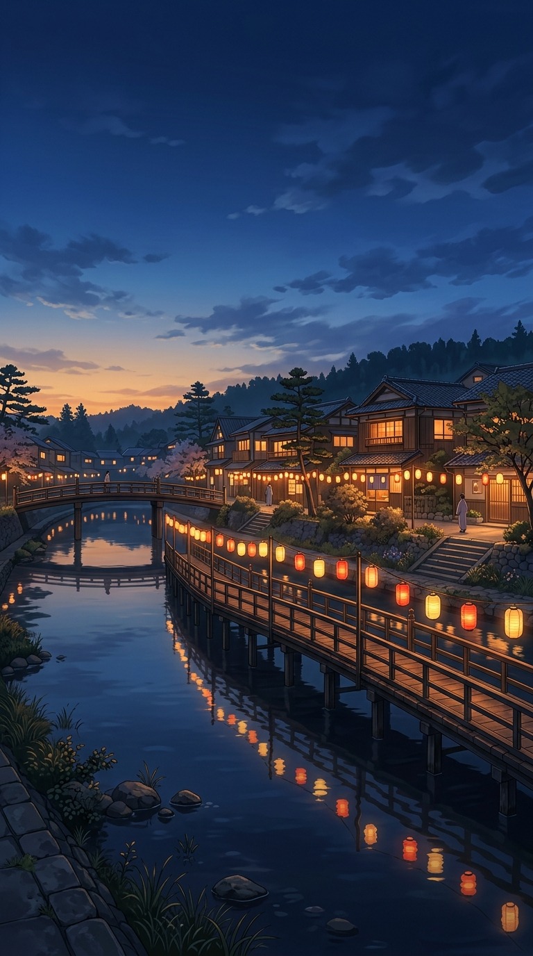A quiet riverside town at dusk with glowing paper lanterns reflected in still water, a narrow wooden bridge, amber light against deep blue