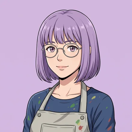 An original adult woman with a lavender bob haircut and round glasses, paint-marked apron, gentle smile, soft lilac background