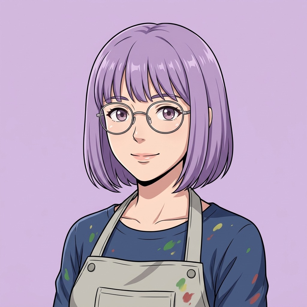An original adult woman with a lavender bob haircut and round glasses, paint-marked apron, gentle smile, soft lilac background