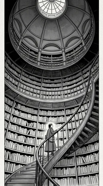 A towering circular library with a winding staircase and a tiny adult reader, dramatic upward perspective, books without readable titles