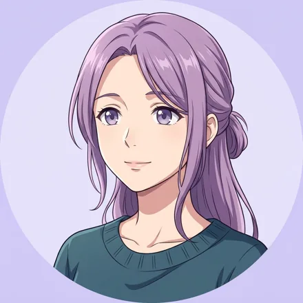 An original adult character with long lilac hair tied loosely behind the shoulders, dreamy expression, minimal pale violet background