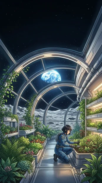 A glass greenhouse on the moon filled with lush plants, Earth glowing above the horizon, original futuristic architecture and serene colors