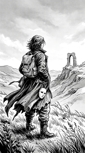 An original adult traveler with a plain half-mask hanging from their belt, long coat on a windy hill, distant ruined arch