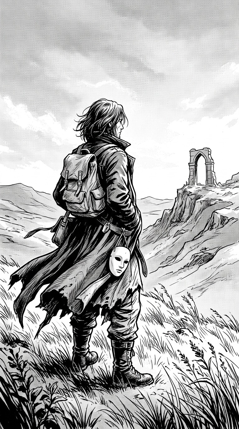 An original adult traveler with a plain half-mask hanging from their belt, long coat on a windy hill, distant ruined arch