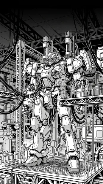 A completely original giant robot in a mechanical repair bay, cables and tiny adult technicians for scale, crisp technical pen detail