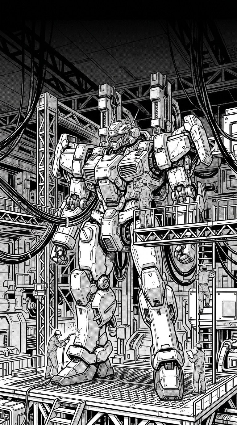 A completely original giant robot in a mechanical repair bay, cables and tiny adult technicians for scale, crisp technical pen detail