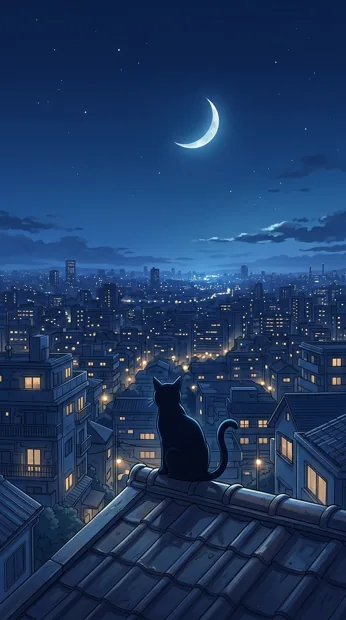 A black cat on a rooftop looking over a blue midnight city, scattered warm windows and a crescent moon, clean silhouette and gentle atmosphere