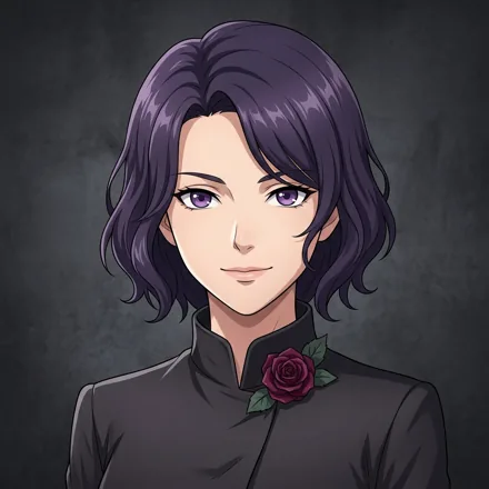An original adult character with dark purple hair and a small burgundy rose beside the collar, calm confident expression, dramatic charcoal background