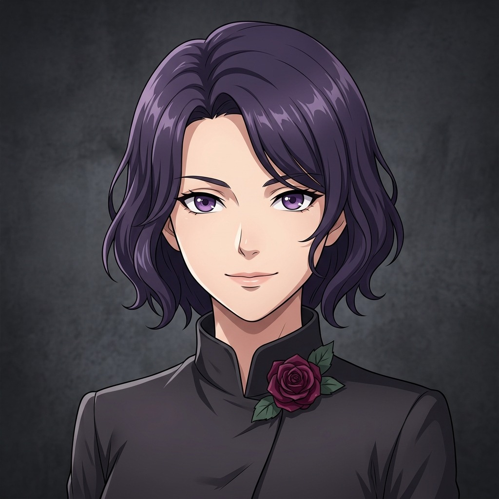 An original adult character with dark purple hair and a small burgundy rose beside the collar, calm confident expression, dramatic charcoal background